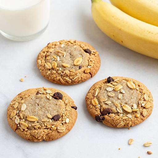 Photograph of three oatmeal chocolate chip cookies with visible nuts, placed on white surface, next to a glass of milk and bananas.