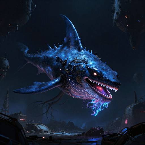Bioluminescent Cyberpunk Leviathan in Orbital Scrapyard