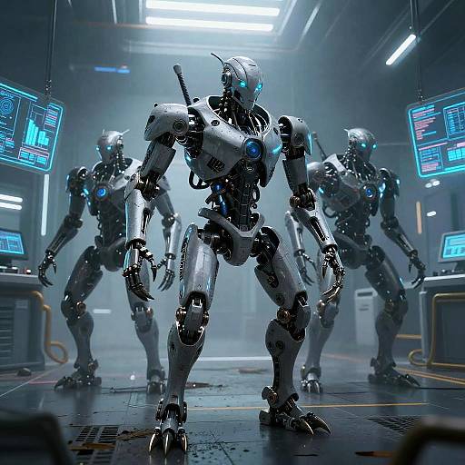 CGI image of three futuristic, silver, glowing-blue robotic soldiers standing in a high-tech, dimly lit laboratory with holographic screens.