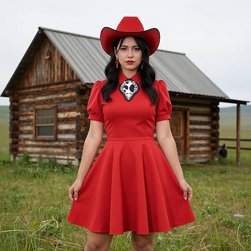 Photograph of a Latina woman with long black hair, wearing a red dress and hat, standing in front of a rustic wooden cabin in a grassy