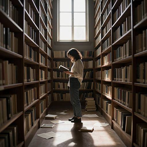 Photograph: Silhouetted woman with curly hair, white shirt, and blue jeans, stands in sunlit, narrow library aisle, surrounded by