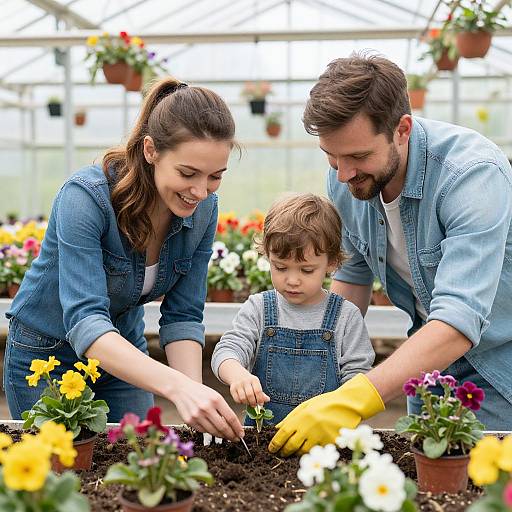 Photograph of a smiling Caucasian family planting colorful flowers in a greenhouse, father in blue shirt and yellow gloves, mother in denim shirt, and young boy
