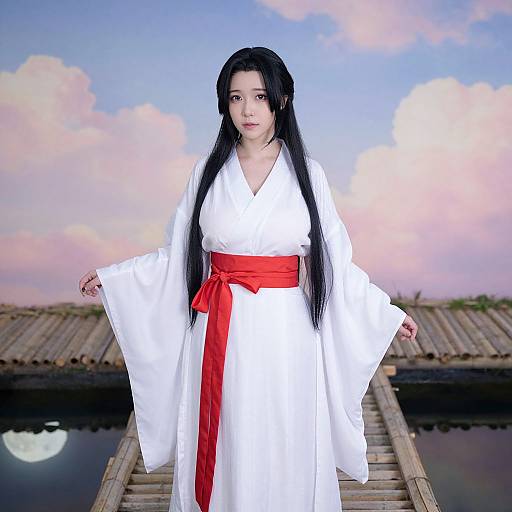 Asian woman with long black hair, wearing a white kimono with a bright red obi, standing on a wooden bridge against a pastel sky and