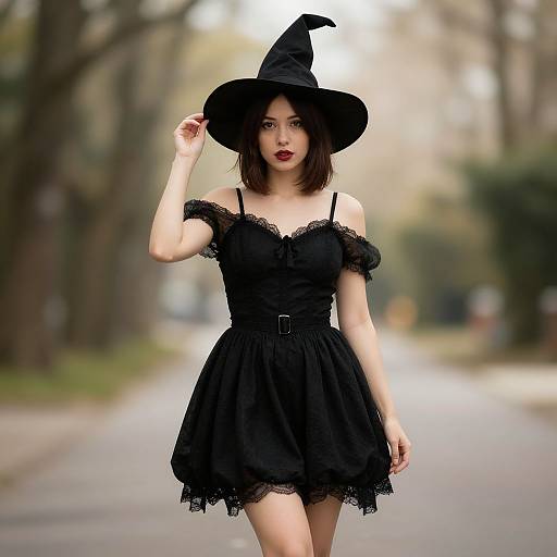 Photograph of a young Asian woman in a black witch outfit with a wide-brimmed hat, off-shoulder dress, and lace trim,