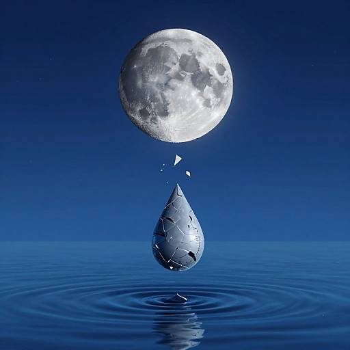 Photograph of a single water droplet splashing into a calm blue water surface below a bright, full moon in a clear, dark blue night sky