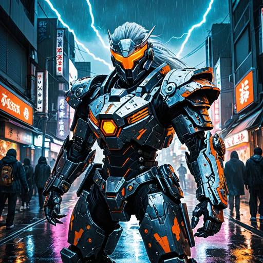 Epic Mech Ninja in Stormy Tokyo