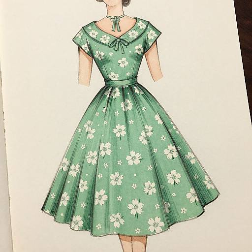 Digital illustration of a woman's green, short-sleeved, knee-length dress with white floral patterns and a bow tie at the neckline.