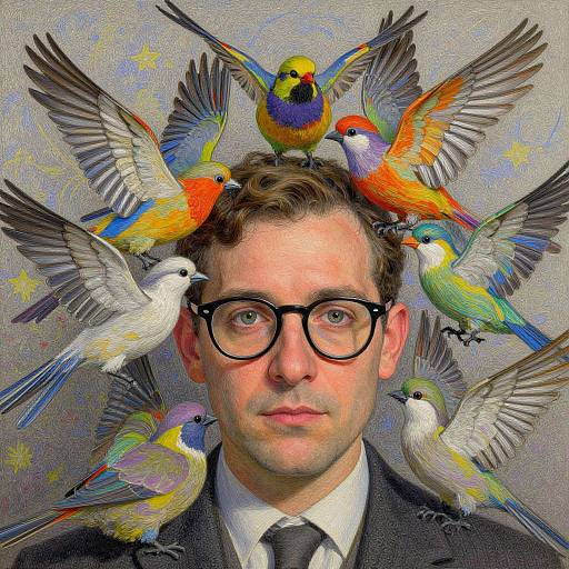 Digital artwork of a man with black-rimmed glasses, wearing a suit, surrounded by colorful birds with vibrant feathers perched on his head. Background