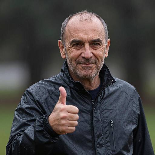 Smiling Man in Wet Jacket Thumbs-Up