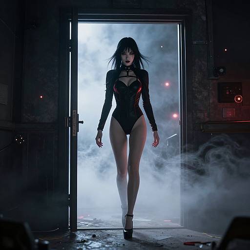 Digital art of a dark-haired woman in a black, high-cut, long-sleeve bodysuit, walking through a misty, illuminated doorway