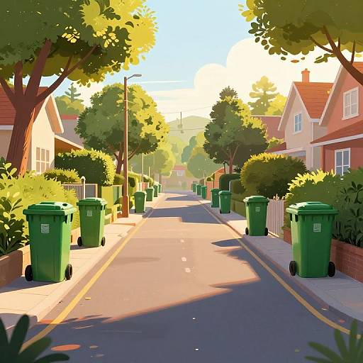 Sunlit suburban street with green garbage bins on either side, lined with trees and houses, bathed in warm afternoon light.