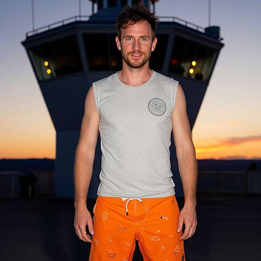 Trendy Man at Vibrant Sunset Tower