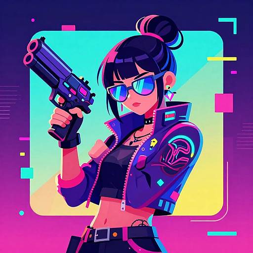 Digital anime-style drawing of a black-haired woman with a bun, wearing sunglasses, a cropped jacket, and holding a gun, against a neon gradient background