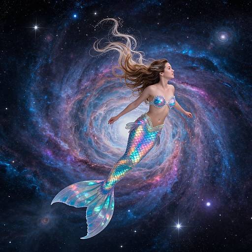 Digital artwork of a shimmering mermaid with long, flowing blonde hair, wearing a sparkling blue-green bikini top and tail, floating in a vibrant,