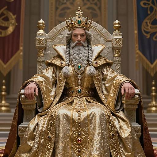 Photorealistic image of an elderly, white-bearded king with a golden crown, seated on an ornate, gold throne, wearing an elaborate,