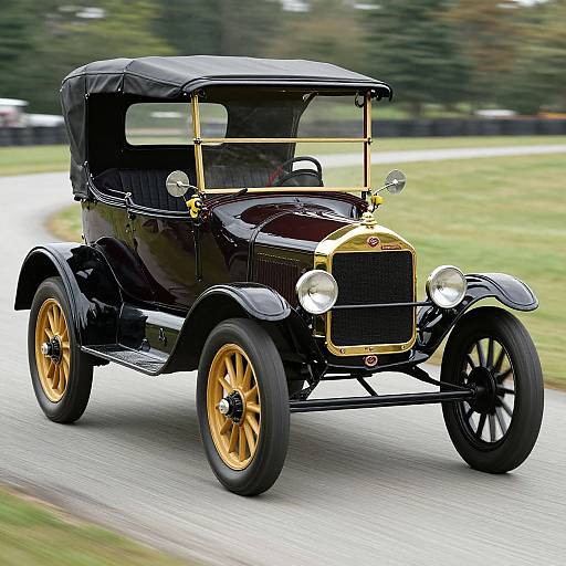 Vintage black and gold vintage car with a canvas top, driving on a road through a grassy park. Photographed in motion.