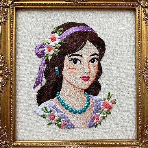 Vintage Embroidery Portrait of Woman