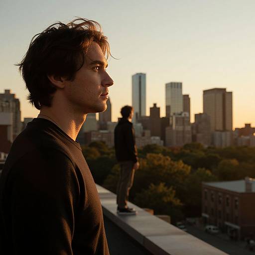 Photograph of a man with tousled hair in profile, wearing a dark shirt, standing on a rooftop at sunset, with a silhouetted