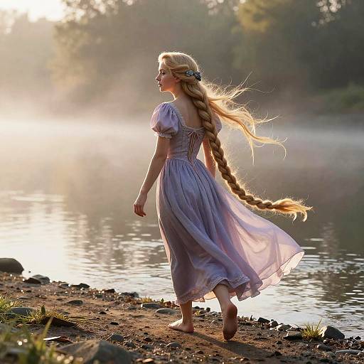Woman with Long Blonde Braid Walking by Misty Riverbank
