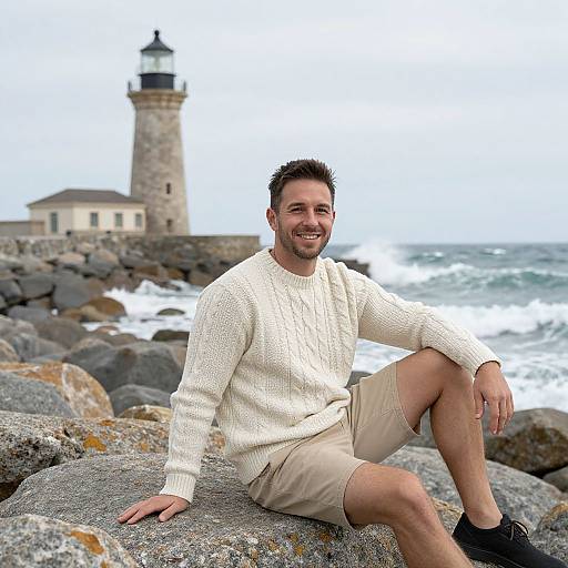 Photograph: Smiling man with short brown hair, beard, white sweater, beige shorts, and black shoes, sitting on rocky shore, lighthouse