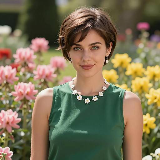 Young Woman with Pixie Cut in Flower Garden