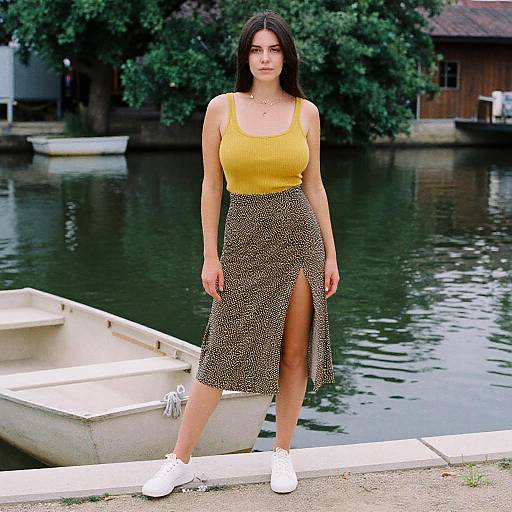 Photograph of a young woman with long black hair, wearing a yellow tank top and brown patterned skirt with a high slit, standing by a lake