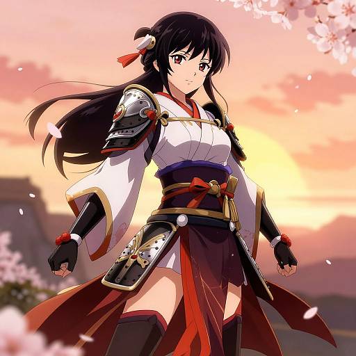 Anime-style digital illustration of a confident, black-haired samurai woman in traditional armor with a white kimono, red sash, and black gloves,