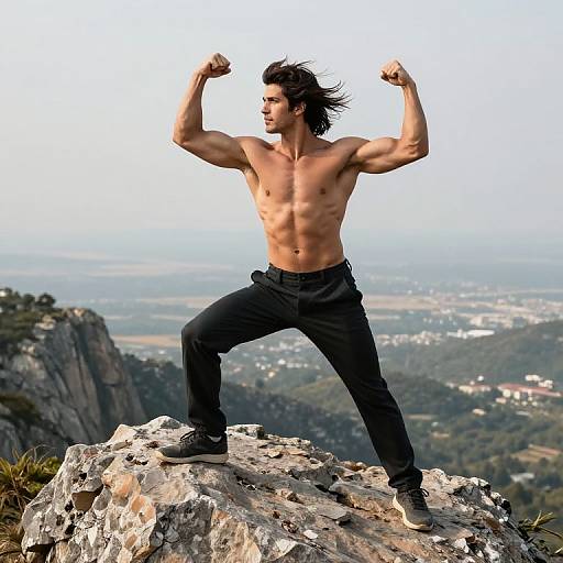 Heroic Shirtless Pose on Mountain Peak