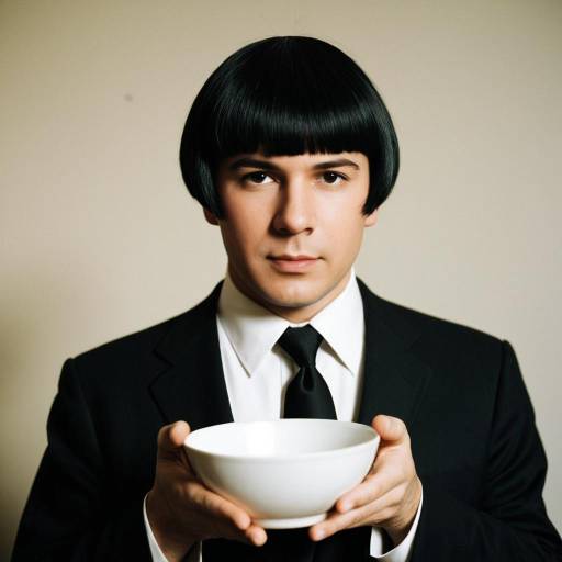 Man in Moe Howard Cosplay Holding White Bowl