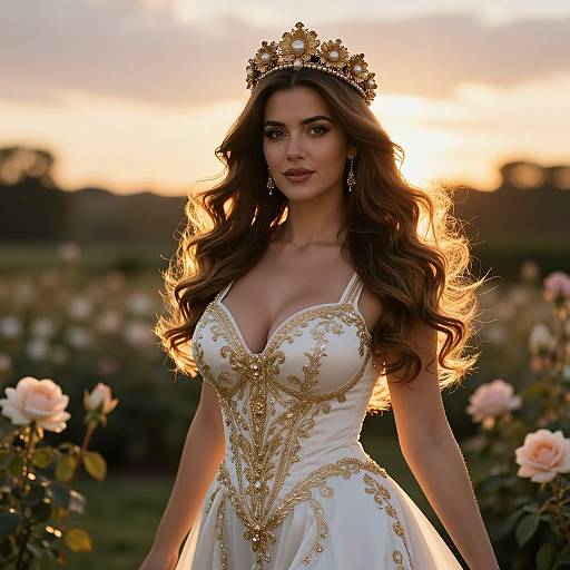 Photograph of a beautiful woman with long, wavy brown hair, wearing a white, gold-embellished gown and a jeweled crown,