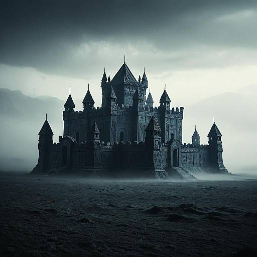 Epic Fantasy Fortress in Eerie Mist