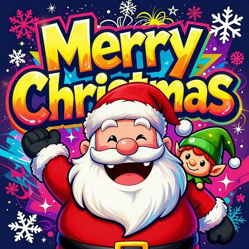 Colorful cartoon image of Santa with white beard and red suit, smiling with raised arm, elf in green hat behind, 