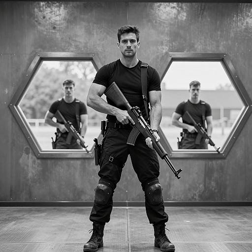 Intense Muscular Man in Hexagonal Room