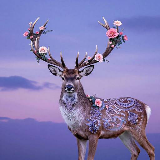Photograph-style digital art of a majestic deer with large, ornate antlers adorned with pink roses, intricate blue and white patterns on its brown fur
