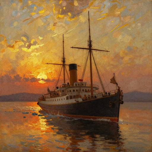 Vintage Steamship at Sunset Oil Painting