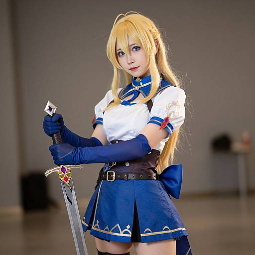 Blonde anime-style cosplayer with blue eyes, white blouse, blue skirt, gloves, holding a sword, in a blurred indoor setting. Photograph.