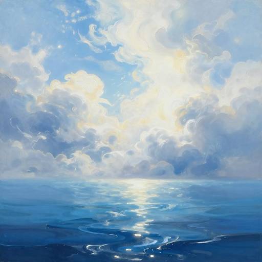 Digital painting of a bright, sunlit ocean with shimmering blue waves reflecting sunlight, surrounded by fluffy white and blue clouds.