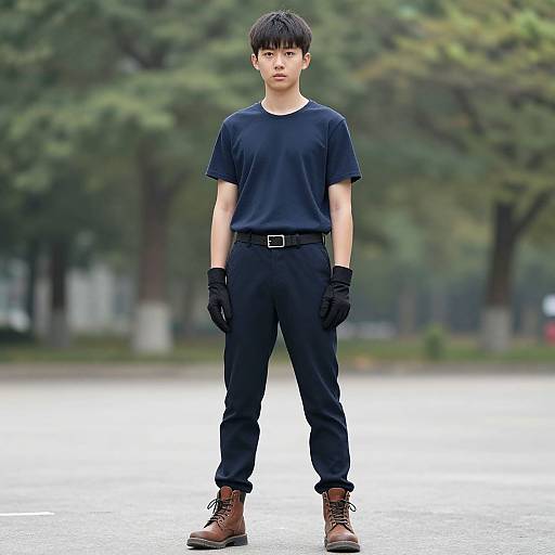 Photograph of a young Asian man standing in a park, wearing a black t-shirt, pants, gloves, and brown boots, with a serious expression