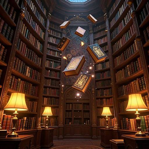 Photograph of a dimly lit, ornate library with floating, glowing books, wooden shelves, and two lit lamps on reading desks.