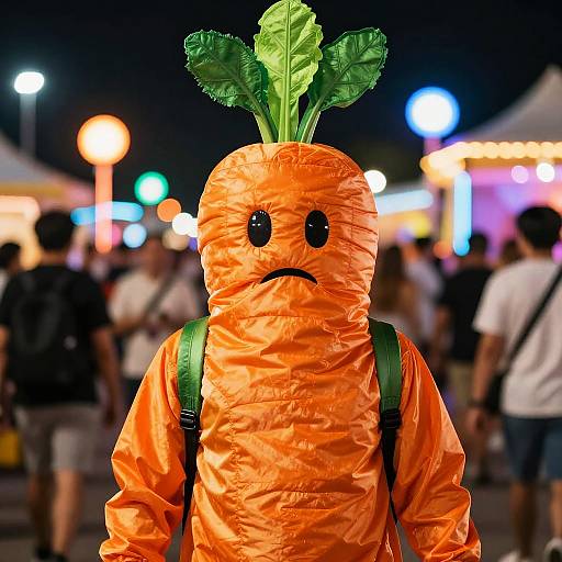 Photograph of a person in a bright orange, crinkled carrot costume with green leafy top, black eyes, sad expression, and green straps