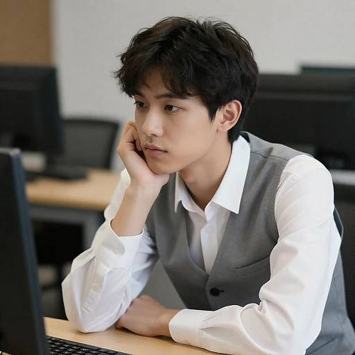 Young Man in White Shirt and Gray Vest at Desk