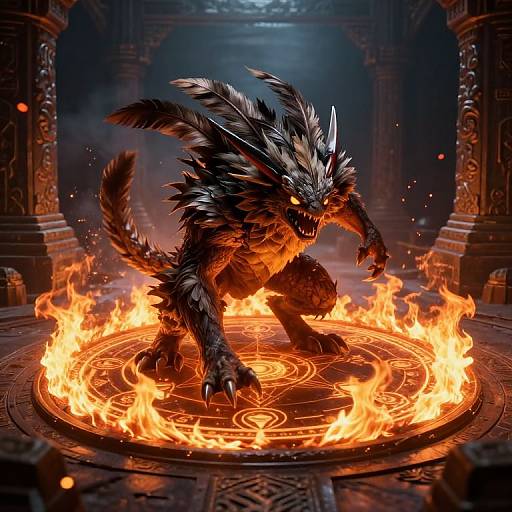 Digital artwork of a fierce, black, demonic wolf-like creature with glowing orange eyes and sharp claws, standing in a fiery magical circle within an ornate