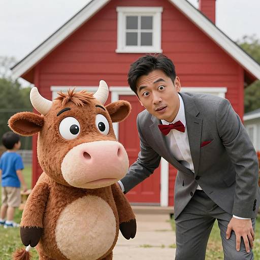 Cartoon Interaction: Man and Cow Scene