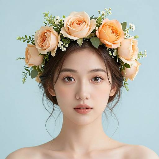 Photograph of a young Asian woman with fair skin, wearing a peach rose and greenery headband, against a light blue background.