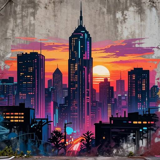 Digital artwork of a neon-lit city skyline at sunset, featuring tall skyscrapers with vibrant purple, pink, and orange hues, and a large