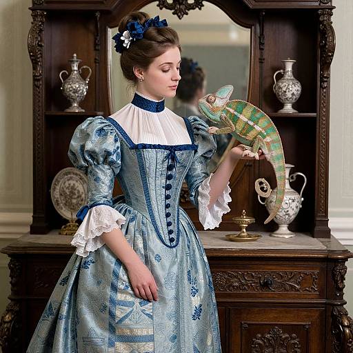 Photograph of a Victorian-era woman in a blue floral dress, white ruffled collar, and blue hair accessory, gently holding a green and yellow par