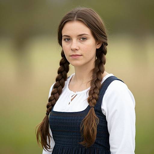 Photograph of a young woman with fair skin, brown eyes, and long brown hair in two braids, wearing a white shirt and black dress,