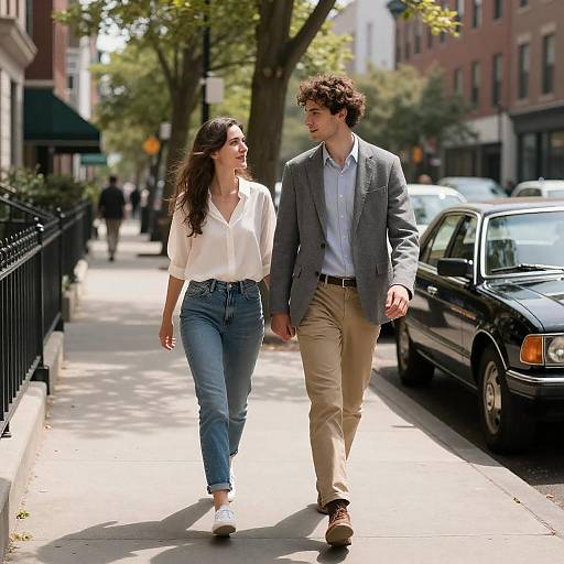 Sunlit Urban Sidewalk Stroll with Vintage Car