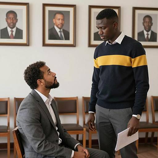 Two men in formal setting discussing