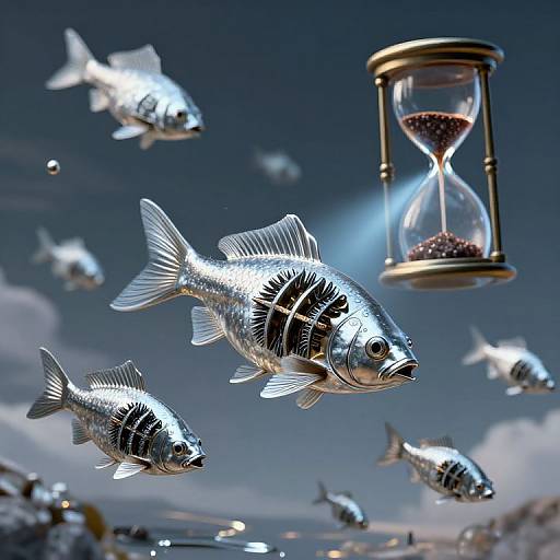 Digital artwork of glowing silver fish with black stripes swimming around a glowing hourglass against a blue sky with clouds.